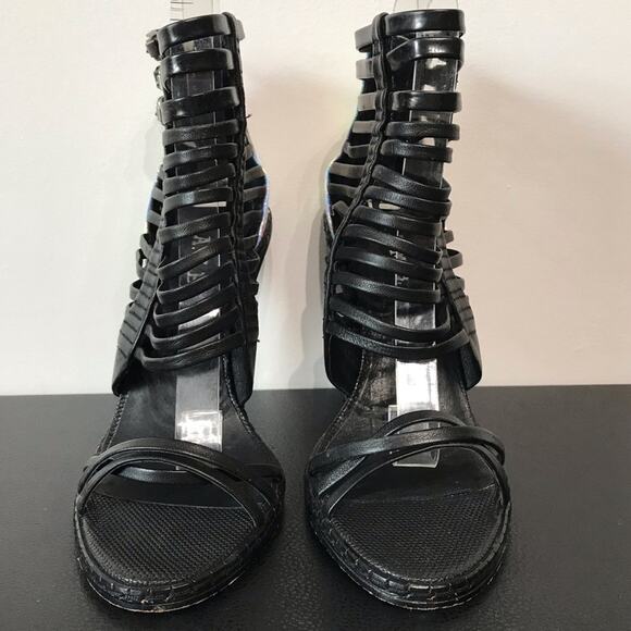 LAMB AB Rainbow Reflective Black Leather Cage Strappy High Heeled Sandals 7.5 - Picture 6 of 16